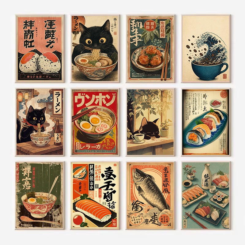 Japanese Food Lifestyle - Lukisan Kanvas Poster Makanan Kucing Vintage